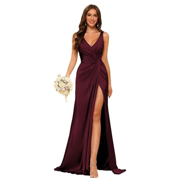 YMSHA Burgundy Size 16W V-Neck Bridesmaid Dresses with Slit Ruched Waist Satin - Picture 1 of 10